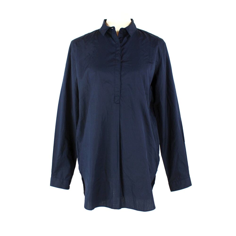 AYR Deep Marine Cotton Popover Long Sleeve Tunic Top Medium NEW Collared Blouse
